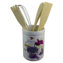 Suport din ceramica cu 4 ustensile de bucatarie din lemn, Lavanda Jardin