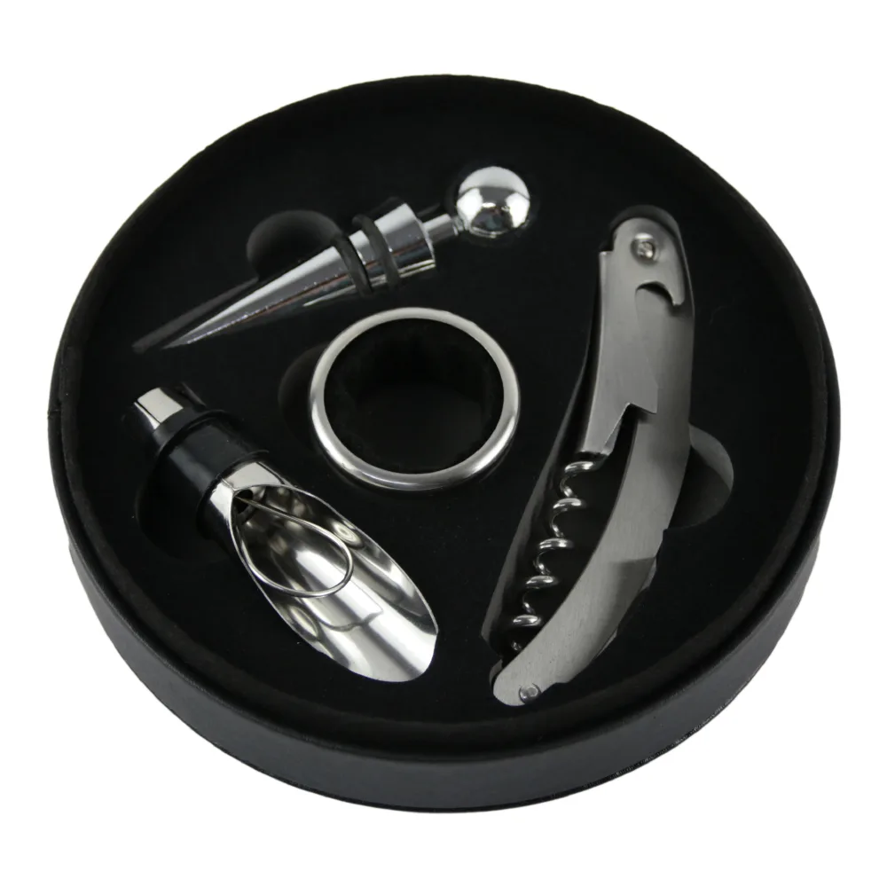 Set 4 accesorii vin in cutie, tirbuson, dop, antipicurator, inel din metal