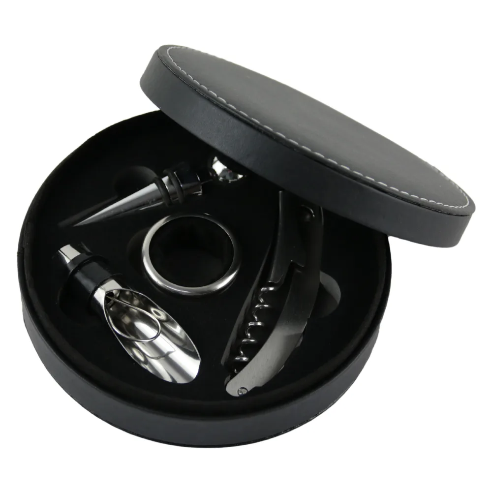 Set 4 accesorii vin in cutie, tirbuson, dop, antipicurator, inel din metal - imagine 2