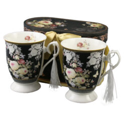 Set 2 cani din ceramica, cu franjuri, 300 ml, Flori, negru, in cutie decorativa