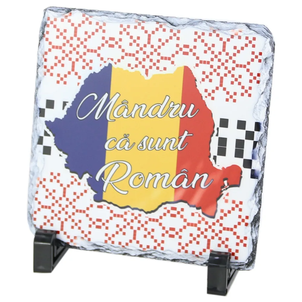 Placa ardezie personalizata "Mandru ca sunt Roman" 14x14 CM, Harta