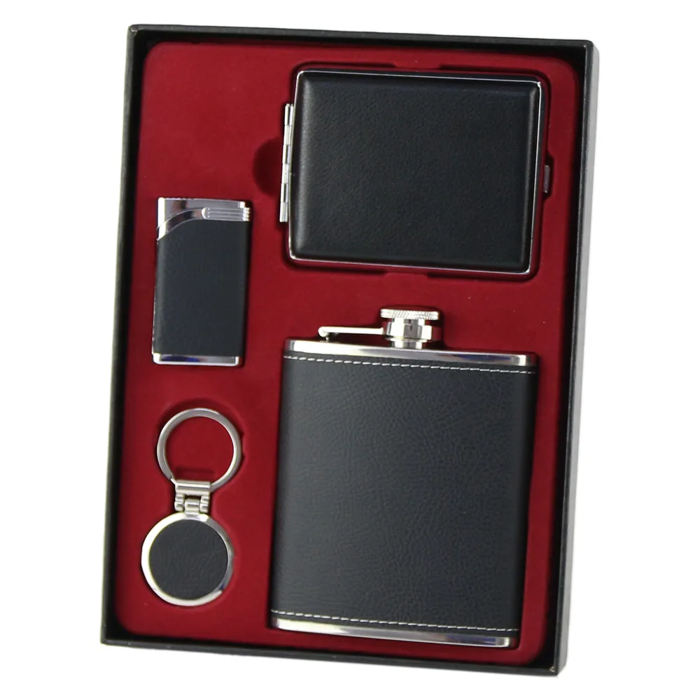 Set cadou pentru barbati, 4 piese - Plosca, tabachiera, bricheta, breloc
