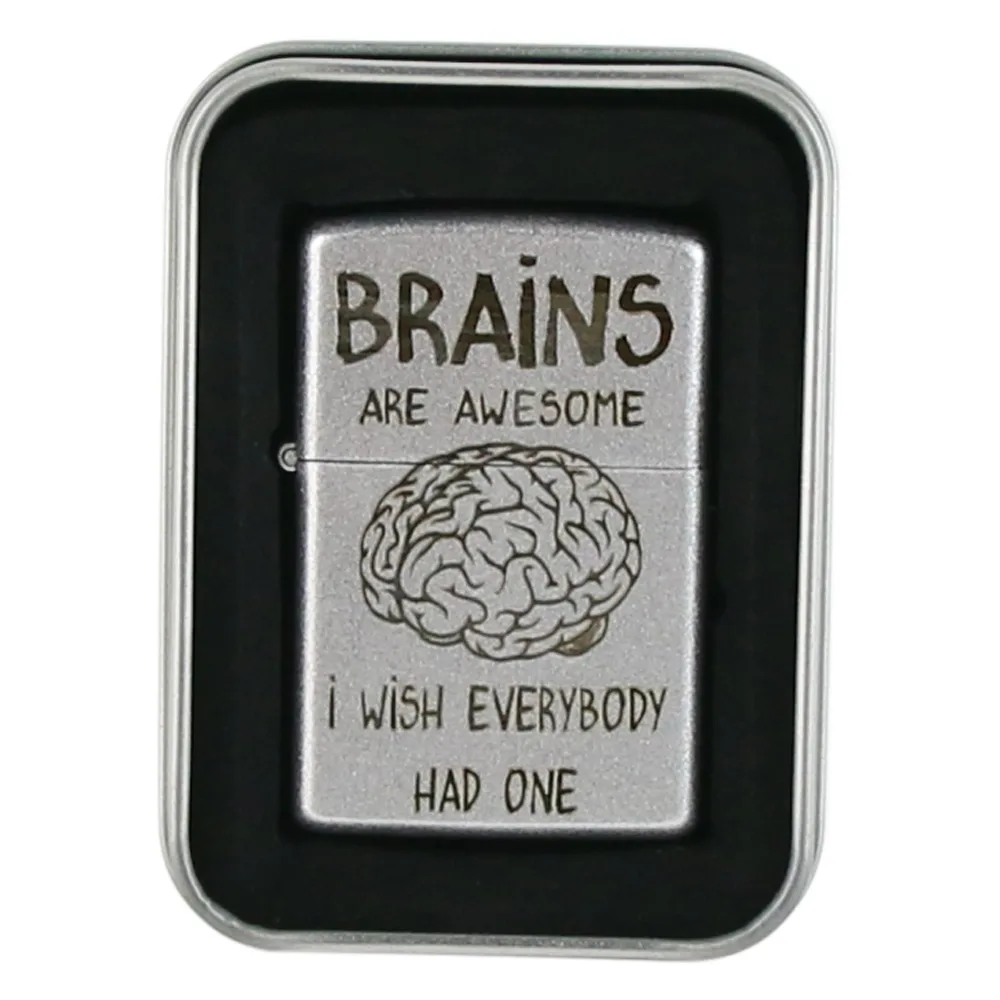 Bricheta metalica "Brains are awsome?", 3.5x5.5 CM, Argintiu