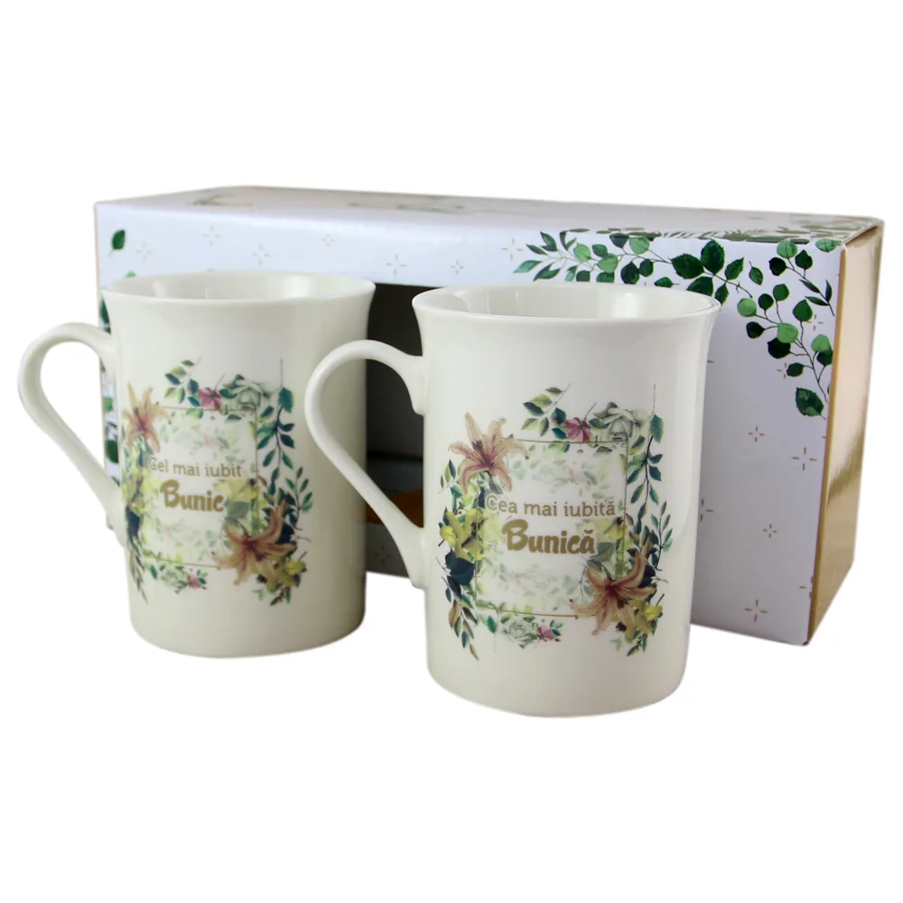 Set 2 cani din ceramica "Cea mai iubita Bunica/Cel mai iubit Bunic", 290 ml, in cutie cadou