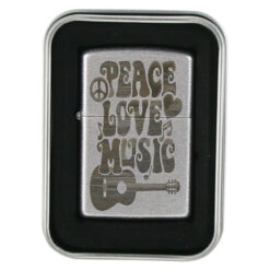 Bricheta metalica "Peace, Love, Music", 3.5x5.5 CM, Argintiu