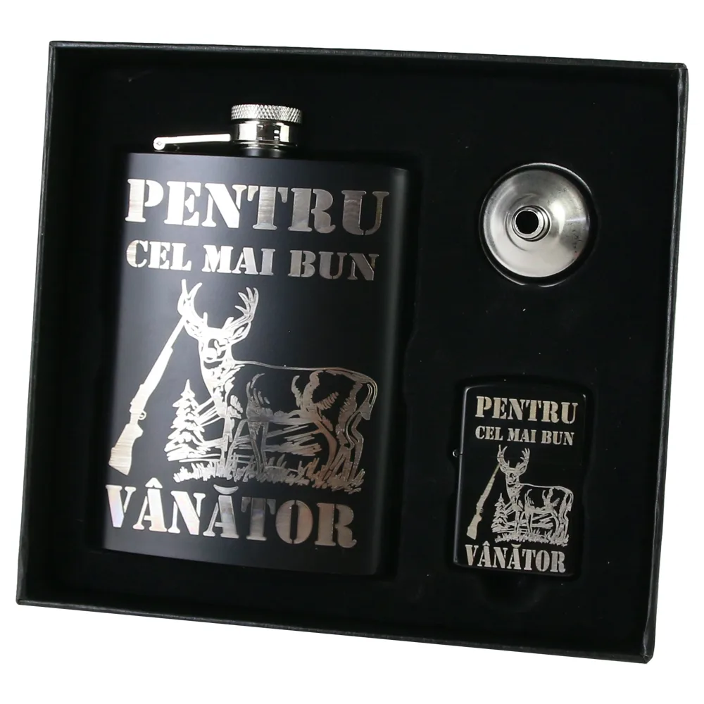 Set cadou "Pentru cel mai bun Vanator" Plosca cu palnie si bricheta