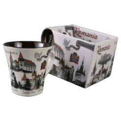 Cana din ceramica cu lingurita "Romania" 90 ml castele / porumbel, cu cutie decorativa - imagine 4