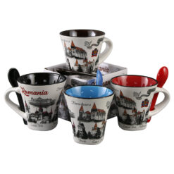Cana din ceramica cu lingurita "Romania" 90 ml castele / porumbel, cu cutie decorativa - imagine 5