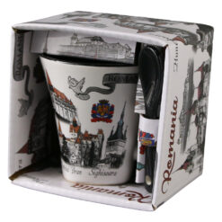 Cana din ceramica cu lingurita "Romania" 90 ml castele / porumbel, cu cutie decorativa - imagine 6