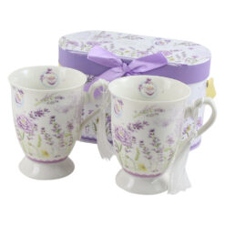 Set 2 cani din ceramica 300 ml, Lavanda flowers, cu franjuri, in cutie decorativa