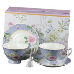 Set 2 cesti din ceramica cu farfurie 150 ml, Trandafiri