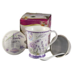 Cana ceramica cu infuzor, capac si lingurita, "Lavender" 300 ml, in cutie cadou, Lavanda Flow