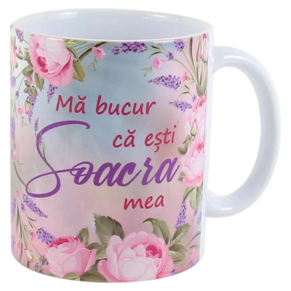 Cana ceramica "Ma bucur ca esti Soacra mea", 330 ml, trandafiri & lavanda
