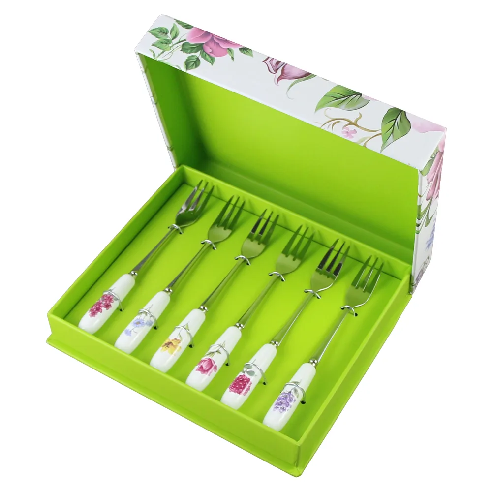 Set 6 furculite tort cu maner din ceramica, flori