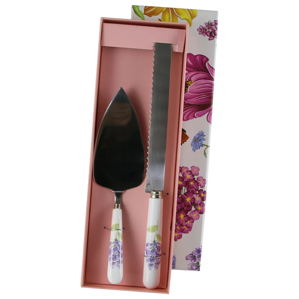 Set tacamuri tort cu maner din ceramica Paleta si cutit, flori