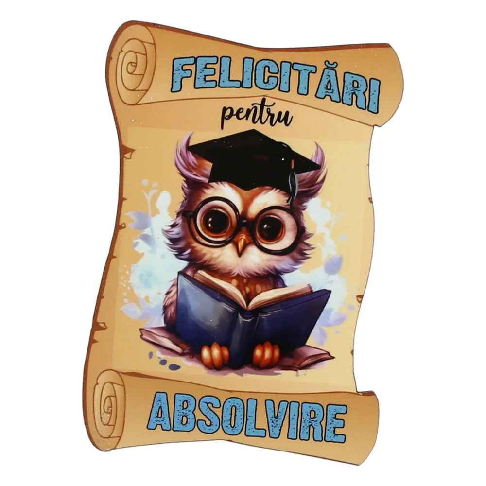 Magnet de frigider din lemn "Felicitari pentru Absolvire" 6x8.5 CM, albastru
