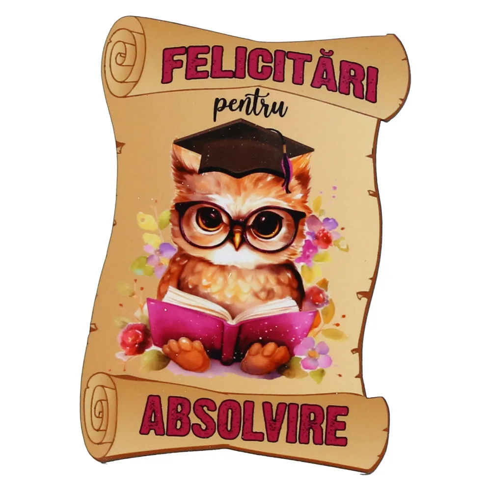 Magnet de frigider din lemn "Felicitari pentru Absolvire" 6x8.5 CM, roz