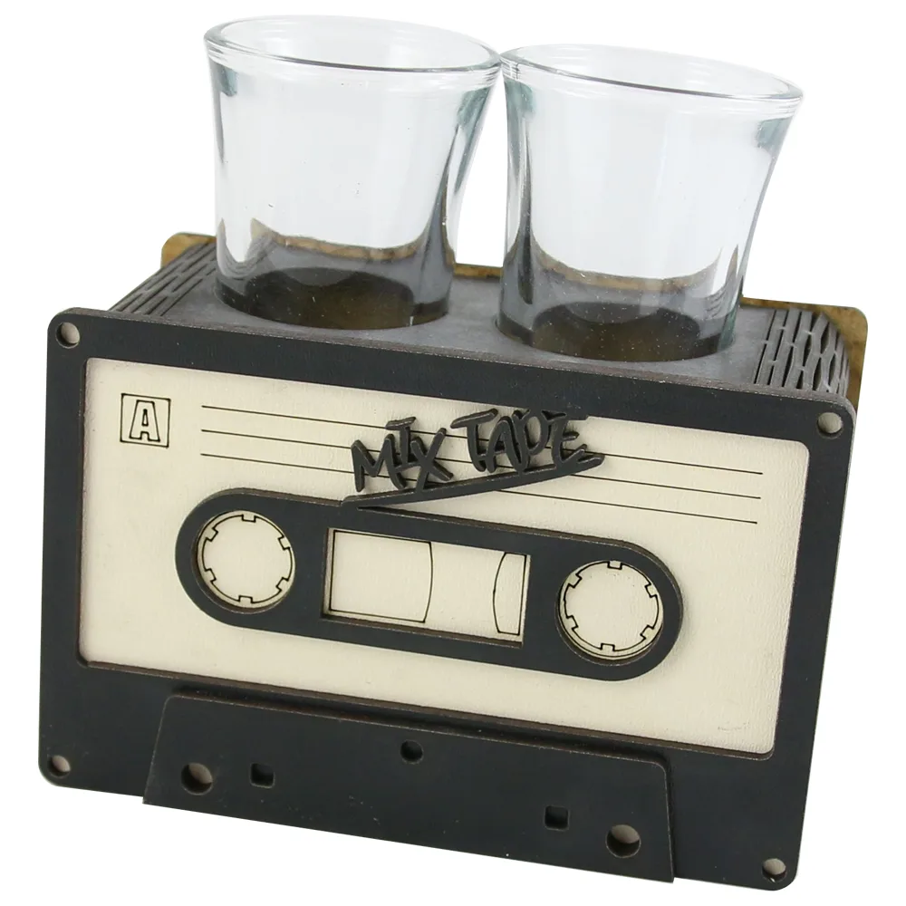 Suport din lemn cu 2 pahare Caseta 12x6 CM, Mix Tape