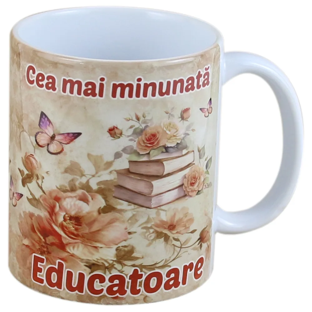 Cana ceramica "Cea mai minunata Educatoare" 330 ml, Carti cu flori