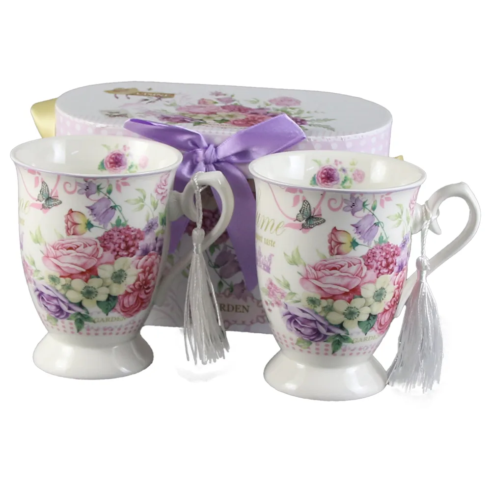 Set 2 cani din ceramica, cu franjuri, 300 ml, "Flower Garden", in cutie cadou