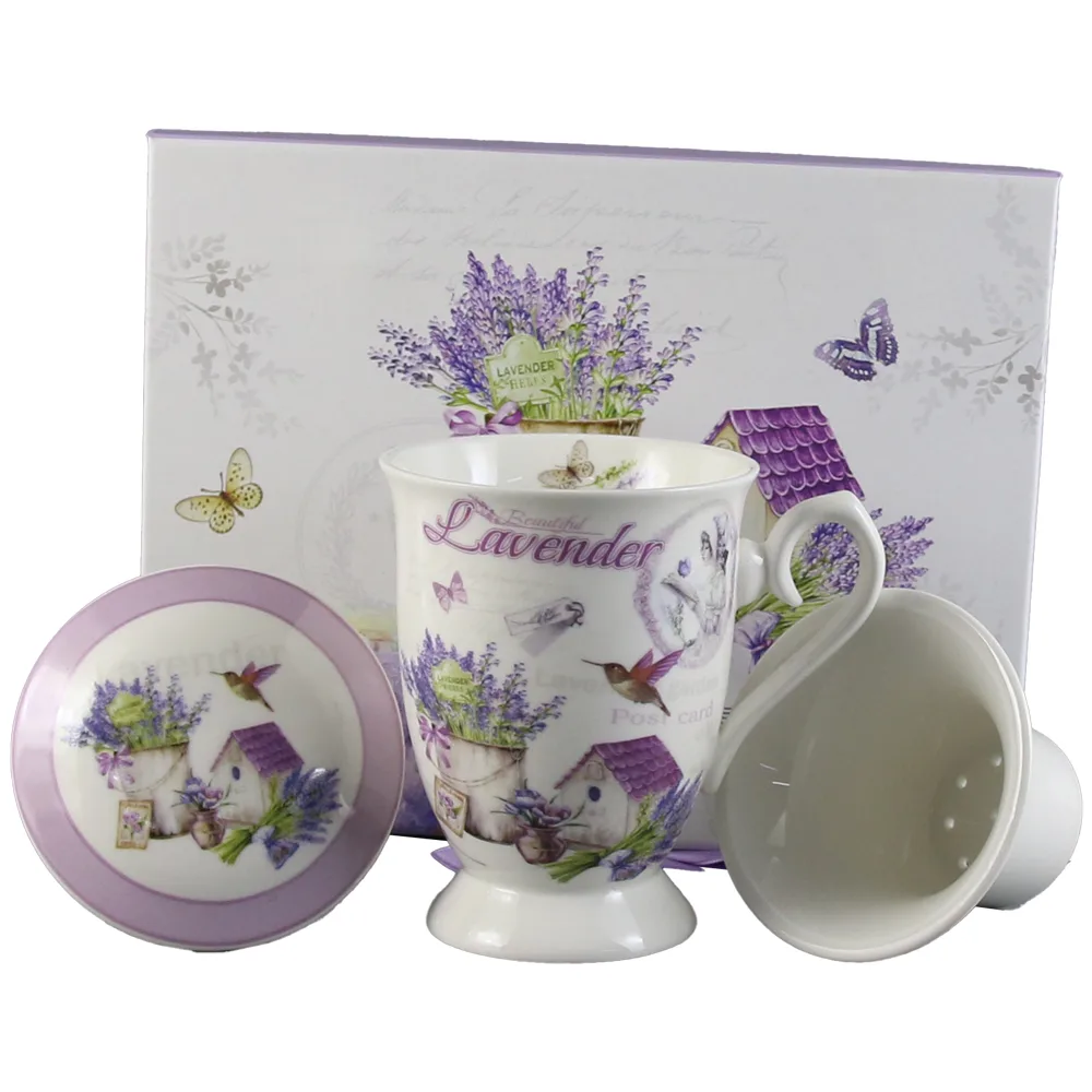 Cana ceramica cu infuzor si capac, 300 ml, "Lavender, in cutie cadou, Casuta