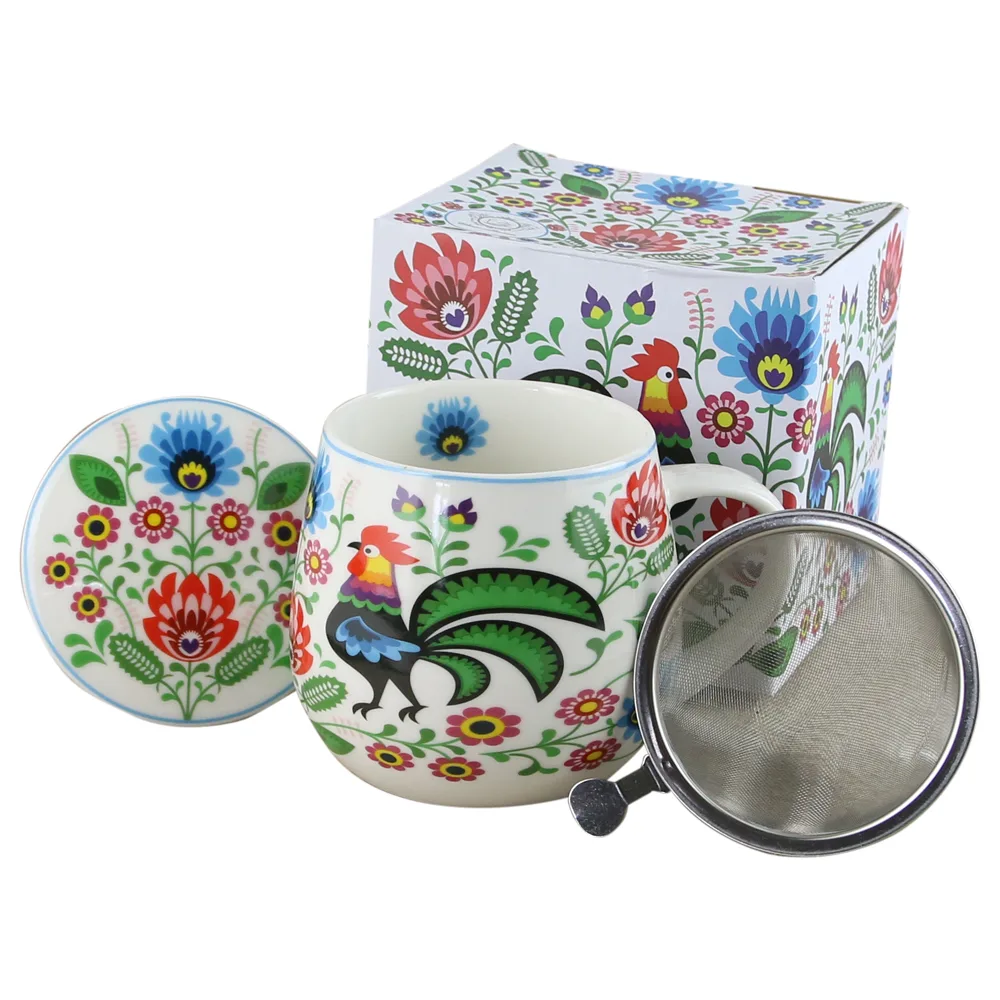 Cana portelan cu infuzor metalic si capac 430 ml, "Folk Roosters", in cutie decorativa