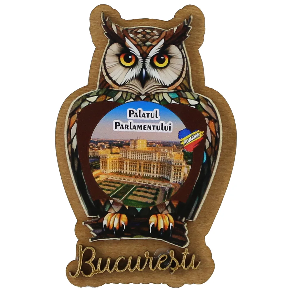 Magnet frigider din lemn "Bucuresti" 6x9 CM, Palatul Parlamentului, Bufnita