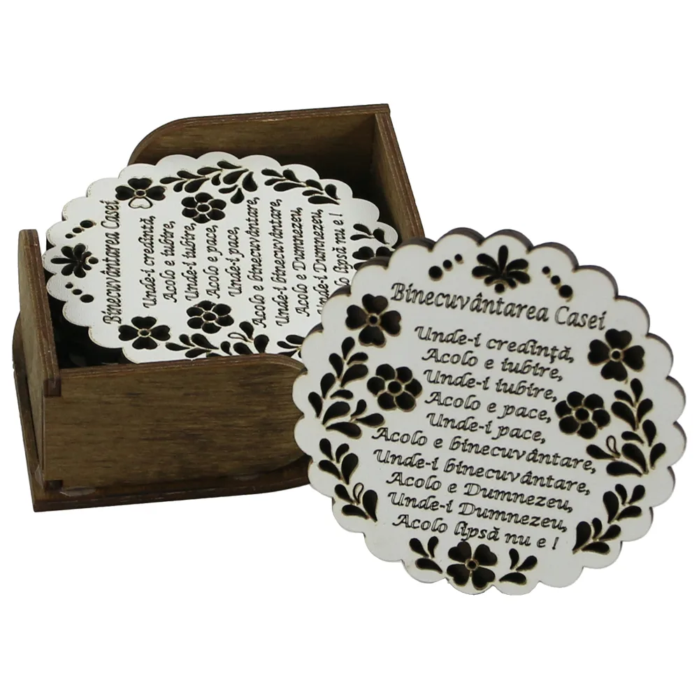 Set 6 suporturi pahare traforaj, 9 CM, cu suport, "Binecuvantarea Casei"