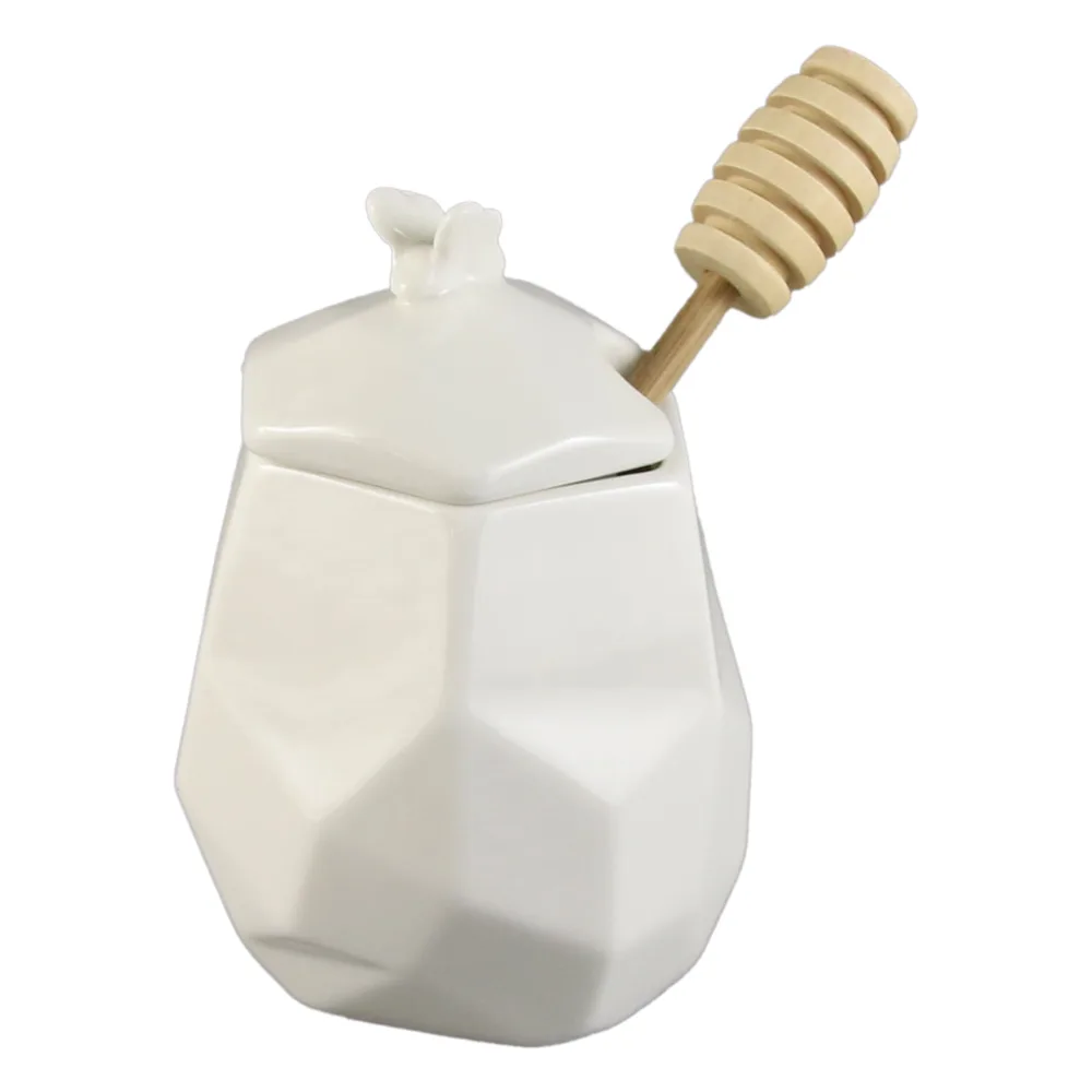 Recipient miere din ceramica cu capac si lingurita bambus, cu albinuta, White