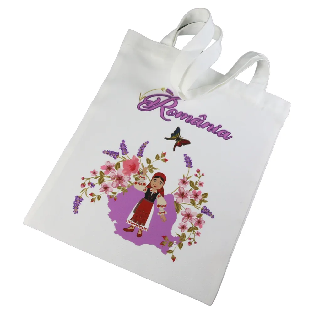 Sacosa textil "Romania", Romanca cu lavanda 29x35 CM