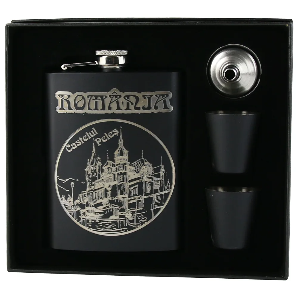 Set cadou "Romania"  Plosca gravata cu palnie si 2 pahare, Castelul Peles, gravata