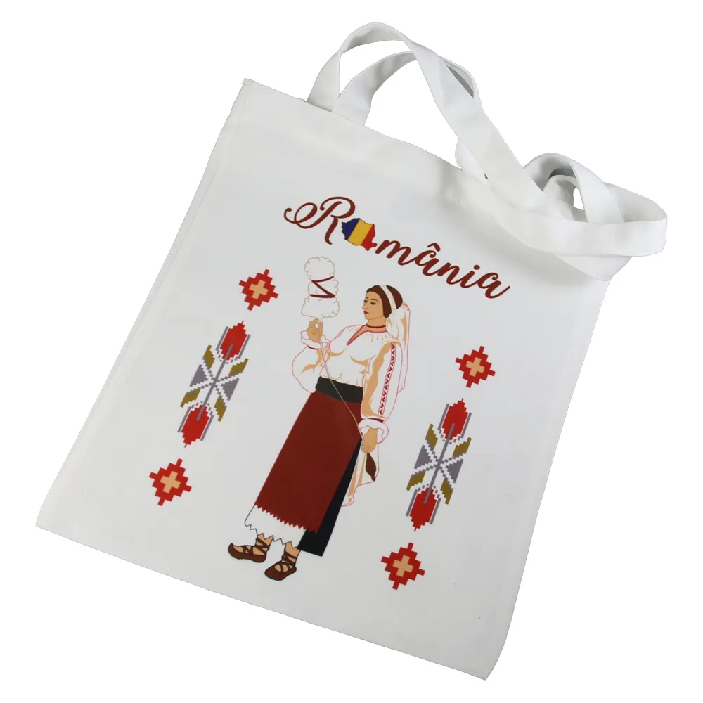 Sacosa textil "Romania", Femeie in costum popular 29x35 CM