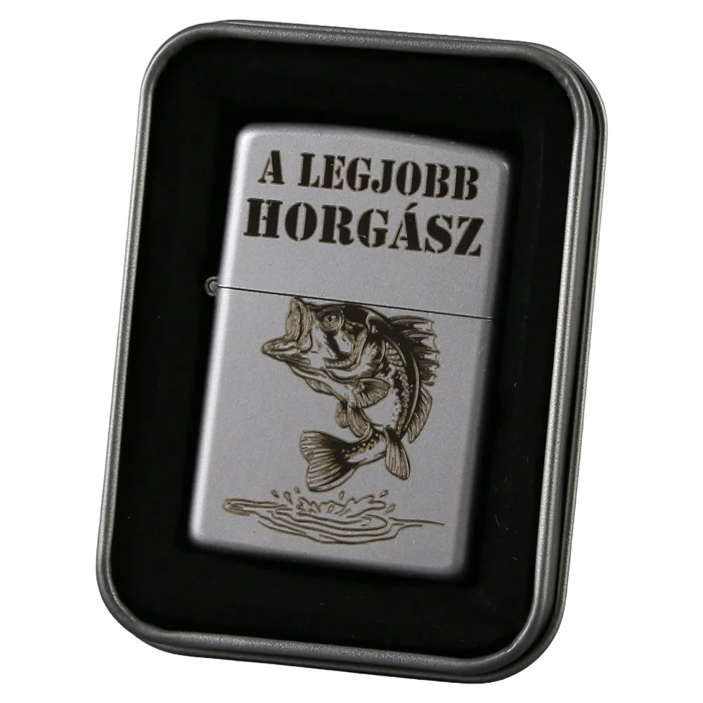 Bricheta metalica gravata "A legjobb Horgasz" 3.5 x 5.5 cm, argintiu