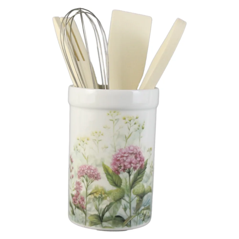 Suport din ceramica cu 4 ustensile bucatarie, 13 CM, Flori de camp