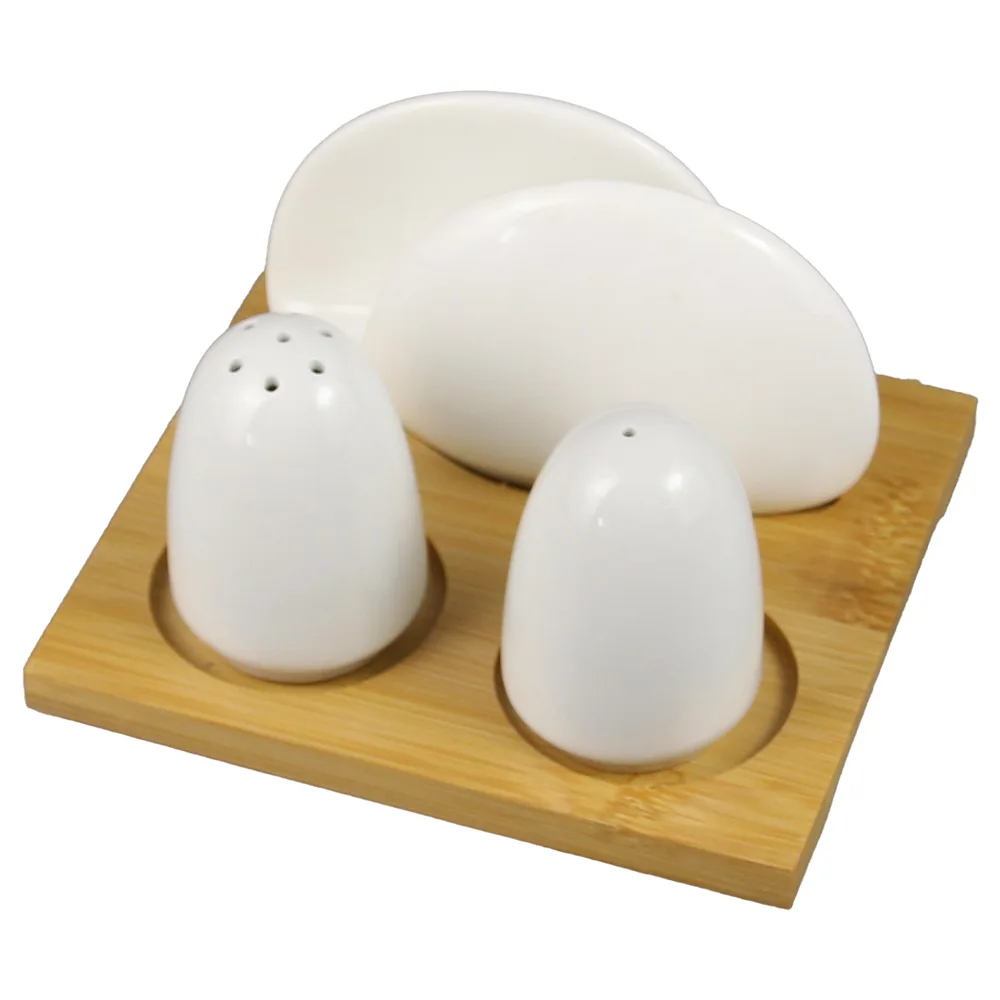 Set solnita/pipernita cu suport servetele, din ceramica, cu suport din bambus - White