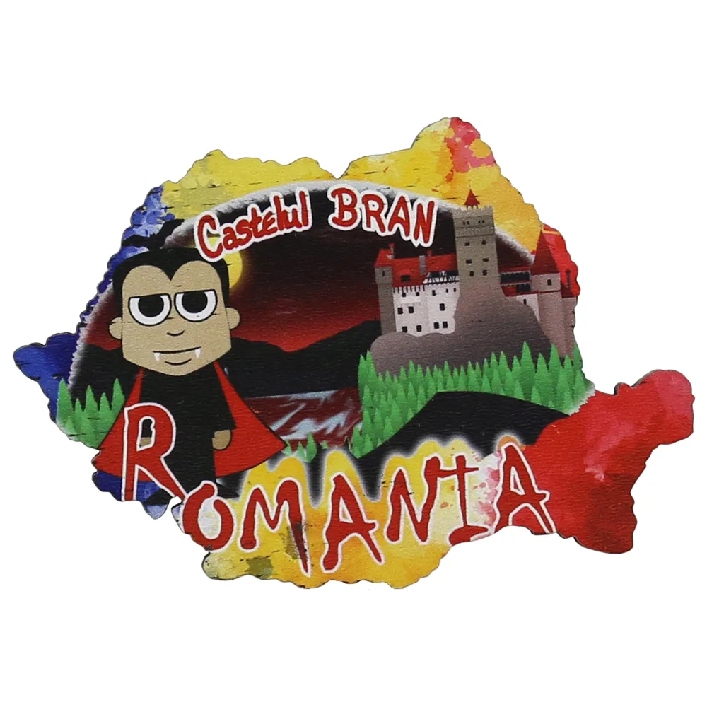Magnet frigider din lemn, Harta Romaniei, 9x6 CM, Castelul Bran, Dracula