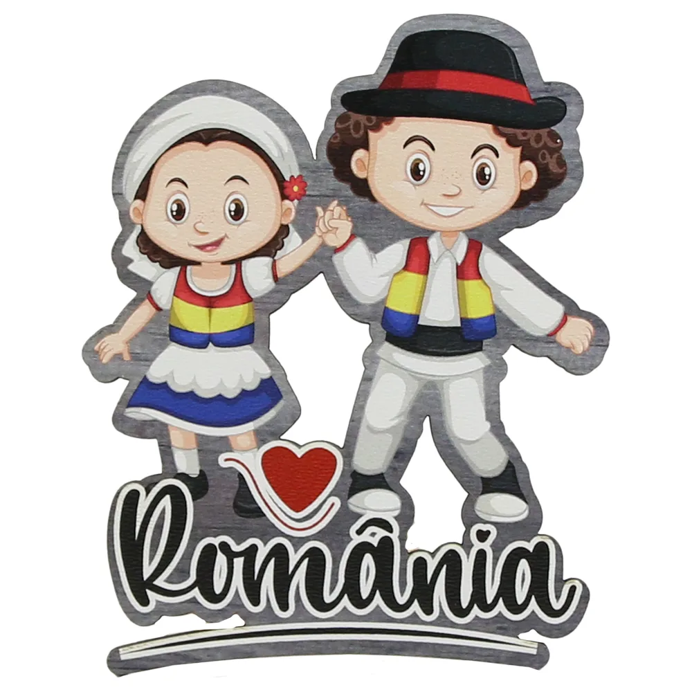 Magnet frigider din lemn, 7x9 CM, Romania, Copii in port popular