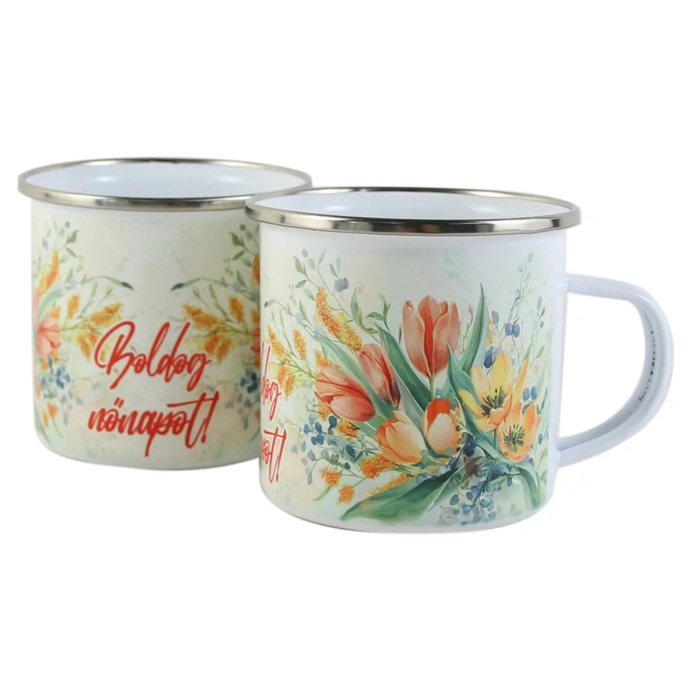 Cana metalica emailata 240 ml "Boldog nonapot!", buchet de lalele