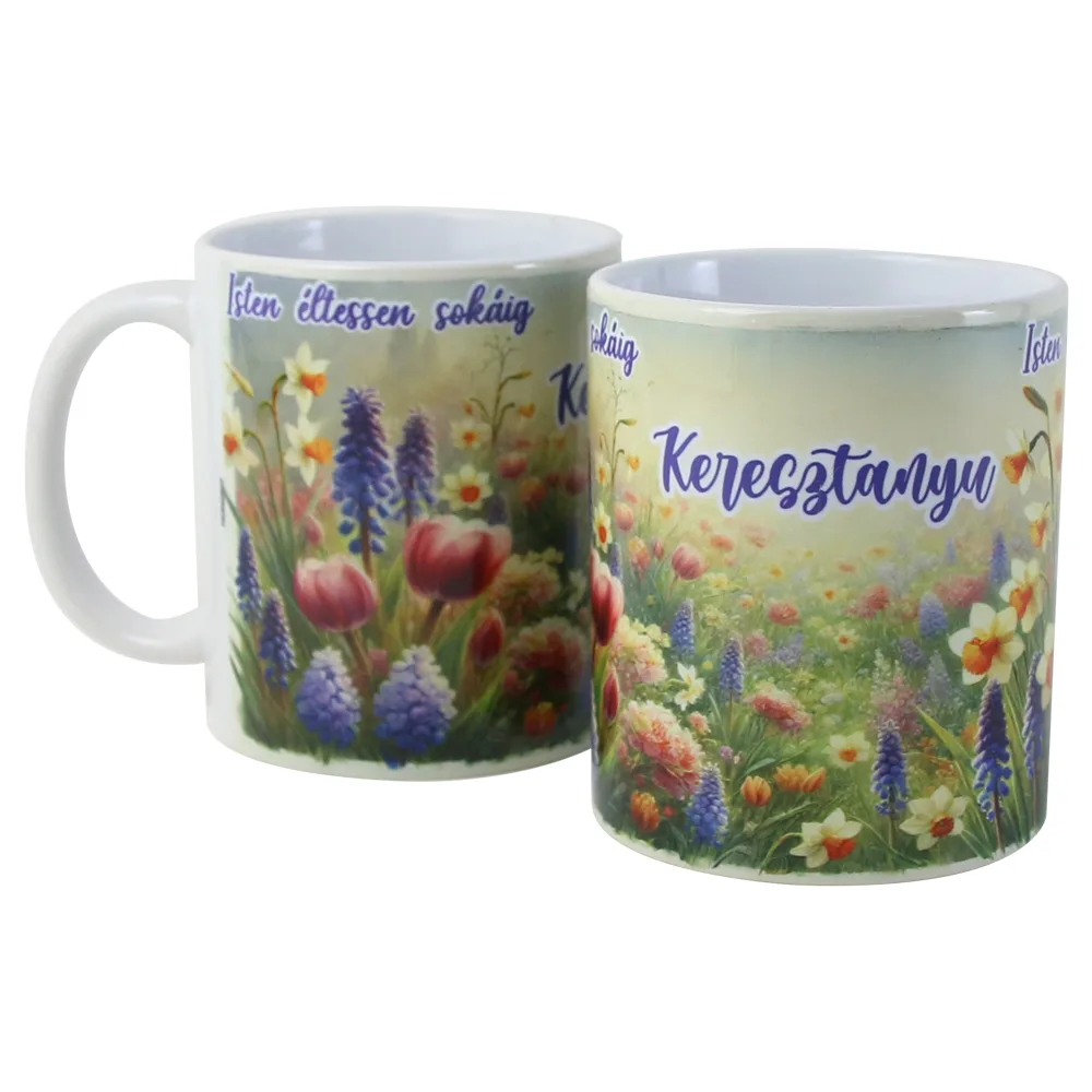 Cana ceramica "Keresztanyu, Isten eltessen sokaig!", 330 ml, flori