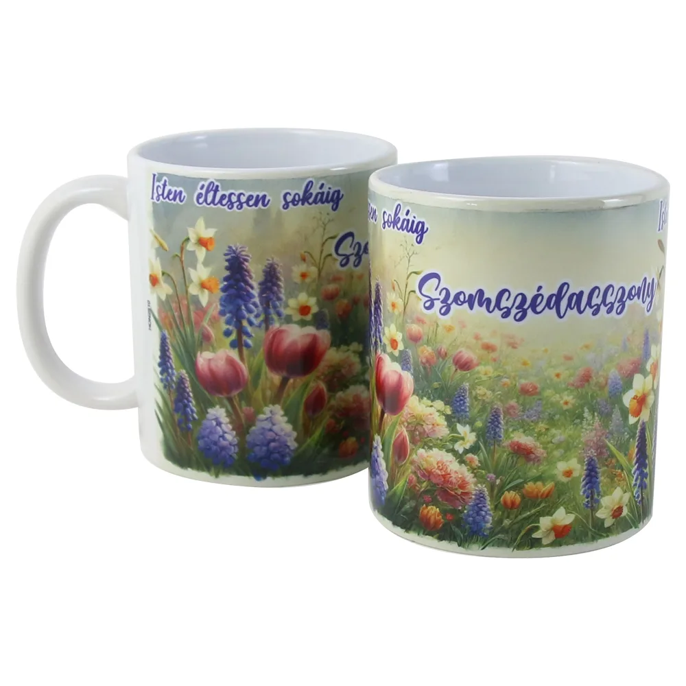 Cana ceramica "Szomszedasszony, Isten eltessen sokaig!", 330 ml, flori