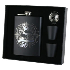 Set cadou "Igy nez ki egy orokke fiatal 50 eves",  Plosca cu palnie si 2 pahare