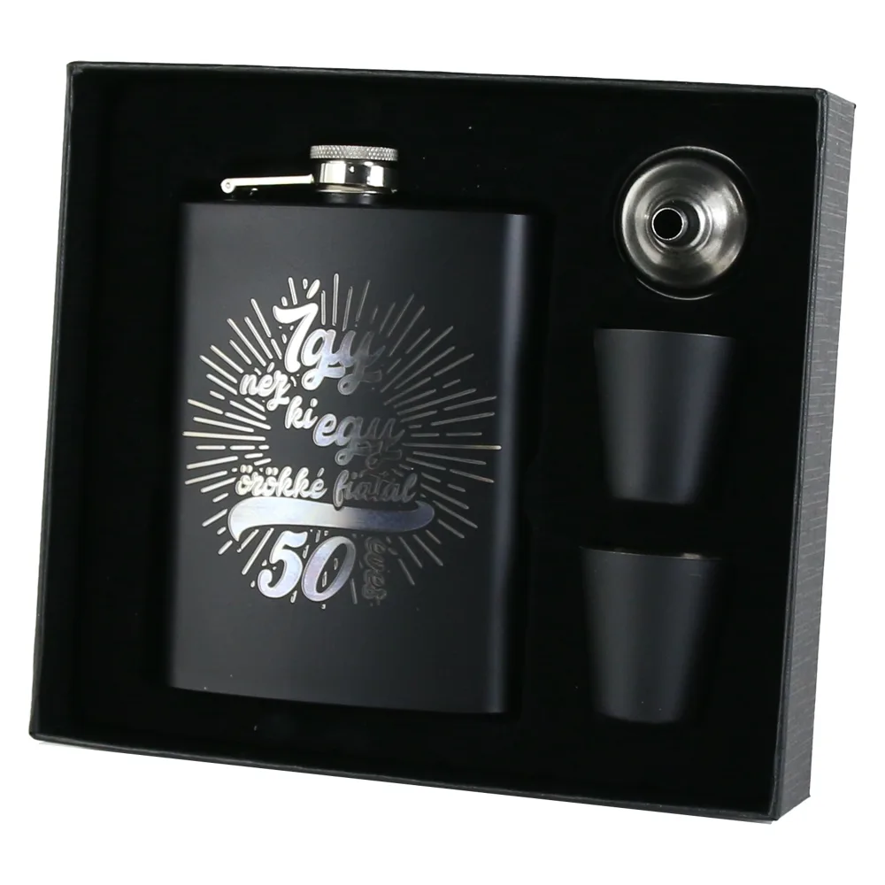 Set cadou "Igy nez ki egy orokke fiatal 50 eves",  Plosca cu palnie si 2 pahare