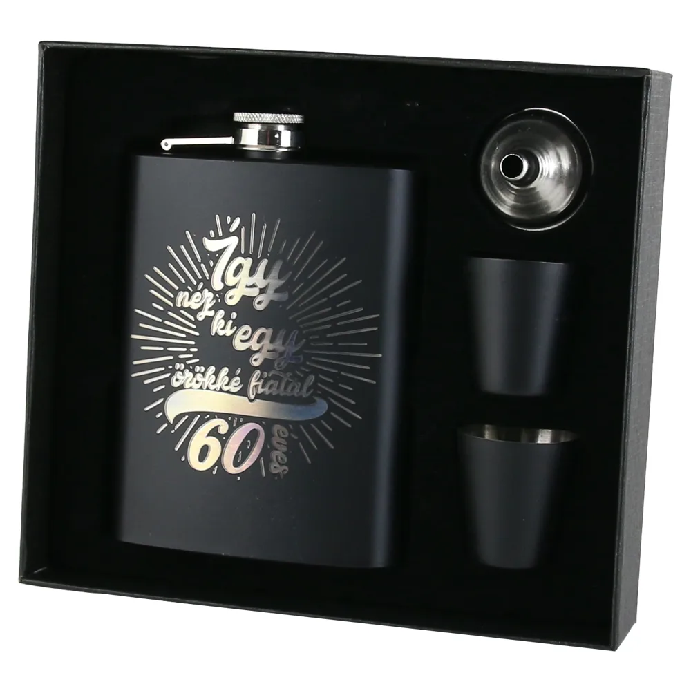 Set cadou "Igy nez ki egy orokke fiatal 60 eves",  Plosca cu palnie si 2 pahare