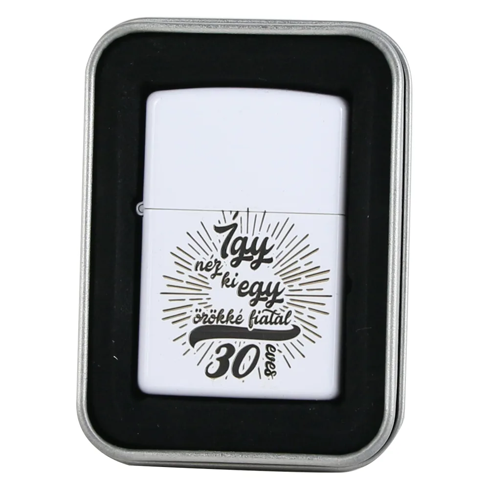 Bricheta metalica "Igy nez ki egy orokke fiatal 30 eves",  3.5x5 CM, Alb