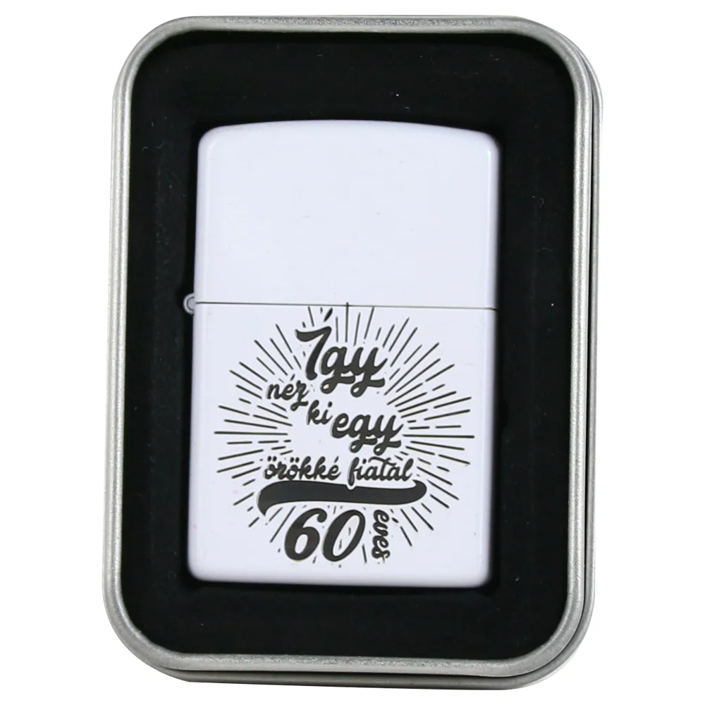 Bricheta metalica "Igy nez ki egy orokke fiatal 60 eves",  3.5x5 CM, Alb