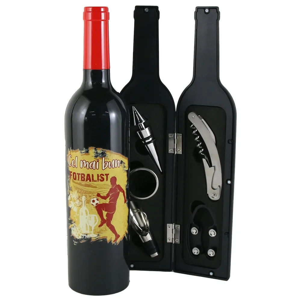 Set 5 accesorii de vin "Cel mai bun Fotbalist", in forma de sticla, 7x32 CM