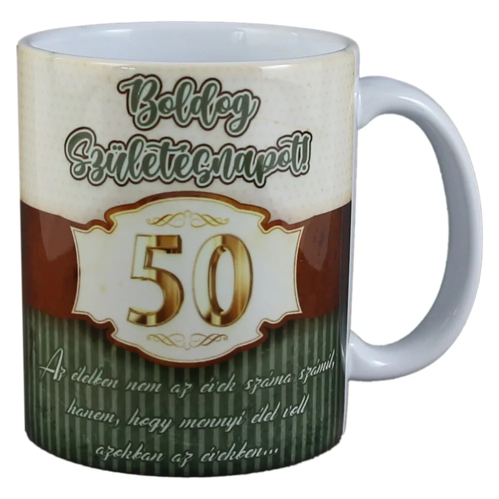 Cana ceramica "50 Boldog Szuletesnapot!", 330 ml, verde/maro