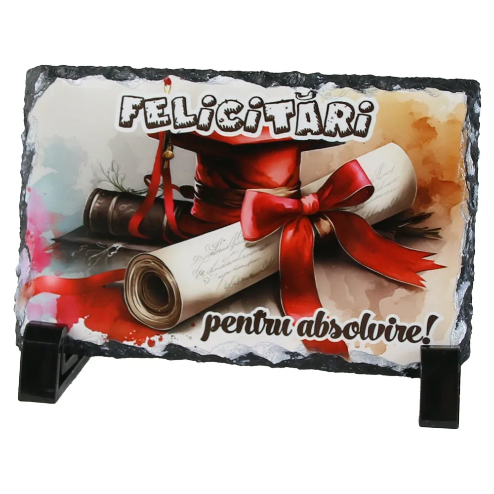 Placa ardezie "Felicitari pentru Absolvire" 14x9 CM, Toca absolvire, rosu