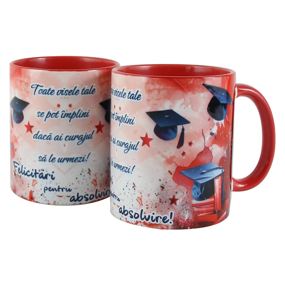 Cana ceramica "Felicitari pentru Absolvire..." 330 ml, rosu cu toca