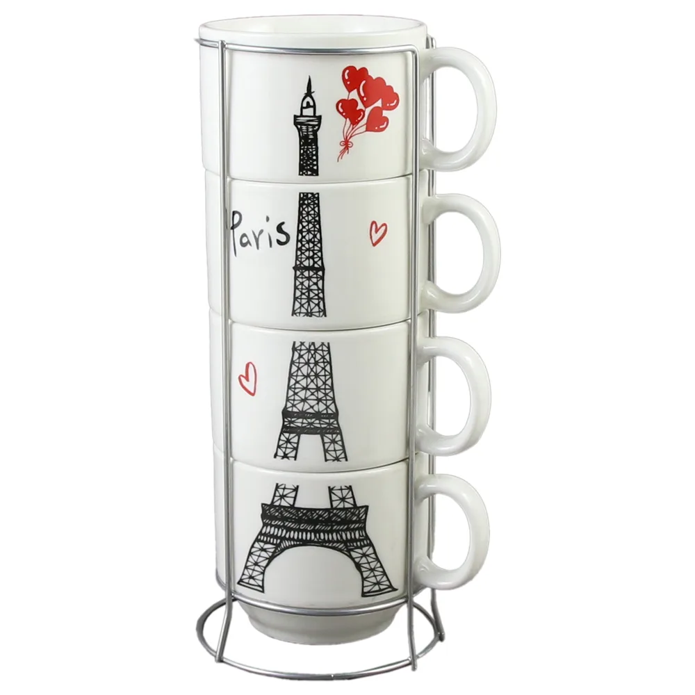 Set 4 cesti din ceramica cu suport metalic, 150 ml, Turnul Eiffel